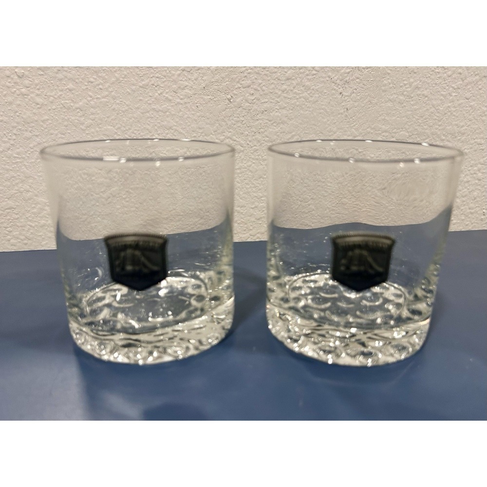 Cutty Sark VTG Real McCoy Rocks Glass Set of 2 Pewter Medallion Bubble Bottom